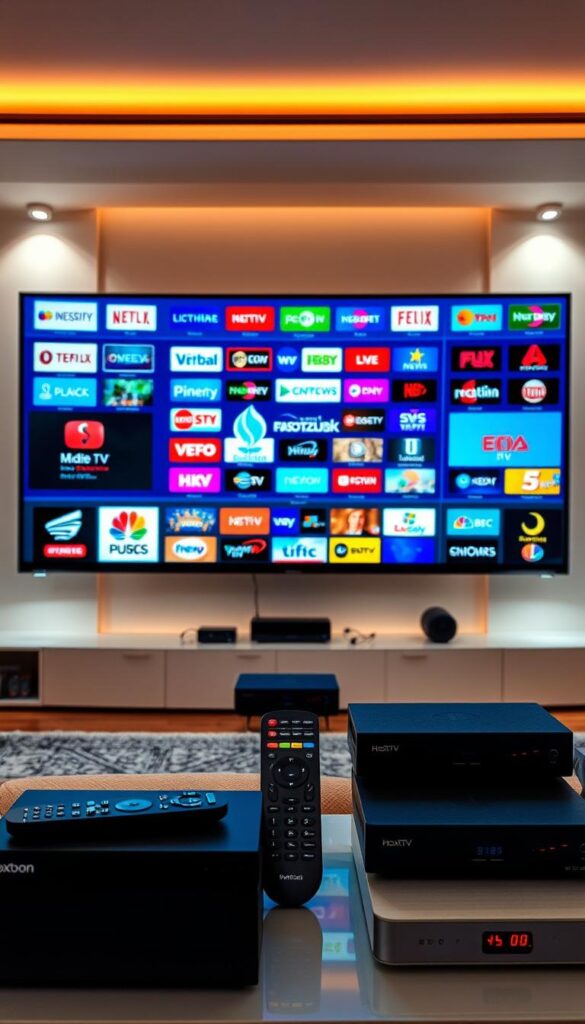 A vibrant scene of an IPTV channel variety showcasing the Hoxtoon Provider brand. In the foreground, a large flat-screen TV displays an array of dynamic channel logos and program thumbnails, conveying the breadth of content available. The middle ground features various remote controls, streaming devices, and networking equipment, highlighting the technology that powers the IPTV service. The background depicts a modern, minimalist living room setting with sleek furniture and warm lighting, creating a cozy and immersive atmosphere for the viewer. The overall composition emphasizes the convenience, versatility, and premium quality of the Hoxtoon Provider IPTV solution.
