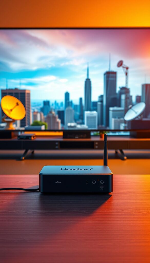 A vibrant scene showcasing the evolving landscape of television entertainment. In the foreground, a Hoxtoon Provider streaming device stands prominently, its sleek design a symbol of the digital revolution. In the middle ground, a classic cable TV set-top box sits, representing the traditional broadcast model. The background features a dynamic cityscape, with skyscrapers and satellite dishes, hinting at the convergence of technology and media. Warm lighting bathes the scene, creating a sense of progress and innovation. The overall composition conveys the transition from traditional cable TV to the growing dominance of IPTV, a shift that is reshaping the way we consume and experience television.