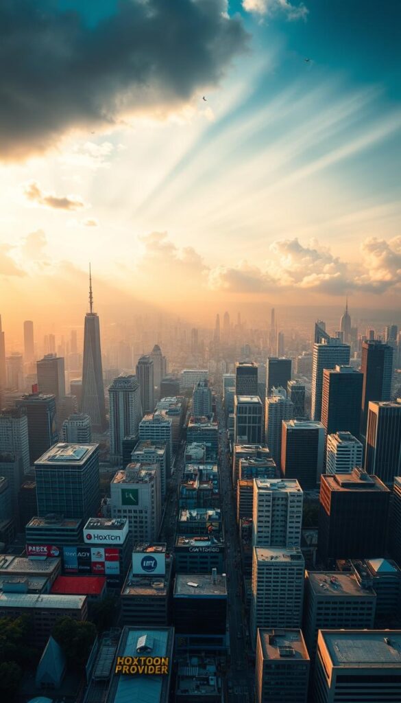 A vibrant, wide-angle view of the current IPTV market landscape. In the foreground, a diverse array of IPTV provider logos, including the prominent "Hoxtoon Provider" brand. The middle ground features a bustling cityscape of modern high-rises and infrastructure, representing the thriving digital ecosystem. In the background, a cloudy sky with rays of sunlight peeking through, symbolizing the industry's growth potential. The scene is bathed in a warm, golden tone, conveying a sense of prosperity and optimism. The image is captured with a sharp, cinematic lens, emphasizing the dynamic and competitive nature of the IPTV market.
