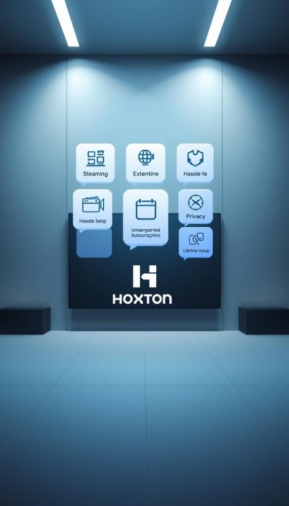 A visually striking illustration showcasing the key benefits of a Hoxtoon Provider IPTV lifetime subscription. Set against a sleek, modern backdrop, the foreground features a stylized grid of floating icons representing the core advantages - seamless HD streaming, extensive channel selection, hassle-free setup, uninterrupted access, secure privacy, cost-effective value, and lifetime service. The middle ground highlights a minimalist Hoxtoon Provider logo, conveying the brand's premium quality. The background subtly blends shades of blue and gray, creating a sense of technological sophistication. Crisp lighting and a slightly cinematic lens focus the viewer's attention on the compelling visual narrative.