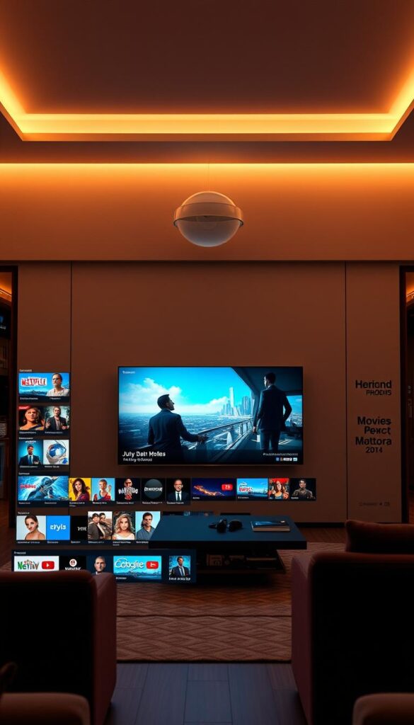 A visually stunning and immersive IPTV content library, showcasing the vast selection of entertainment options offered by the Hoxtoon Provider. In the foreground, a sleek and modern user interface displays a grid of vibrant, high-definition thumbnails representing a diverse range of live TV channels, on-demand movies, and popular TV shows. The middle ground features a large, cinematic display showcasing a captivating scene from a recently added title, drawing the viewer's attention. In the background, a minimalist yet stylish room setting with warm lighting and elegant decor creates a cozy and inviting atmosphere, complementing the digital content. The overall composition conveys the Hoxtoon Provider's commitment to delivering an exceptional and immersive entertainment experience.
