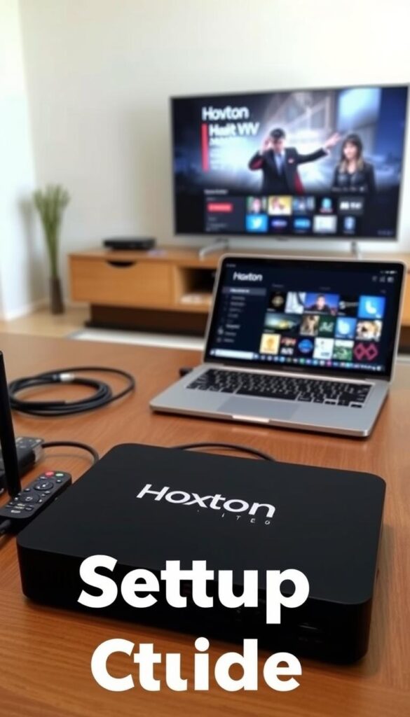 A well-lit and detailed setup guide for the Hoxtoon IPTV provider, showcasing the necessary hardware and software components arranged neatly on a wooden surface. In the foreground, a sleek black set-top box with the Hoxtoon logo prominently displayed, accompanied by a wireless remote control and an ethernet cable. In the middle ground, a modern laptop or tablet displaying the Hoxtoon IPTV user interface, highlighting the intuitive navigation and content selection. In the background, a minimalist home entertainment setup, including a large, high-definition television and a modern entertainment center. The scene conveys a sense of simplicity, efficiency, and technological sophistication, reflecting the ease of setting up and using the Hoxtoon IPTV service.
