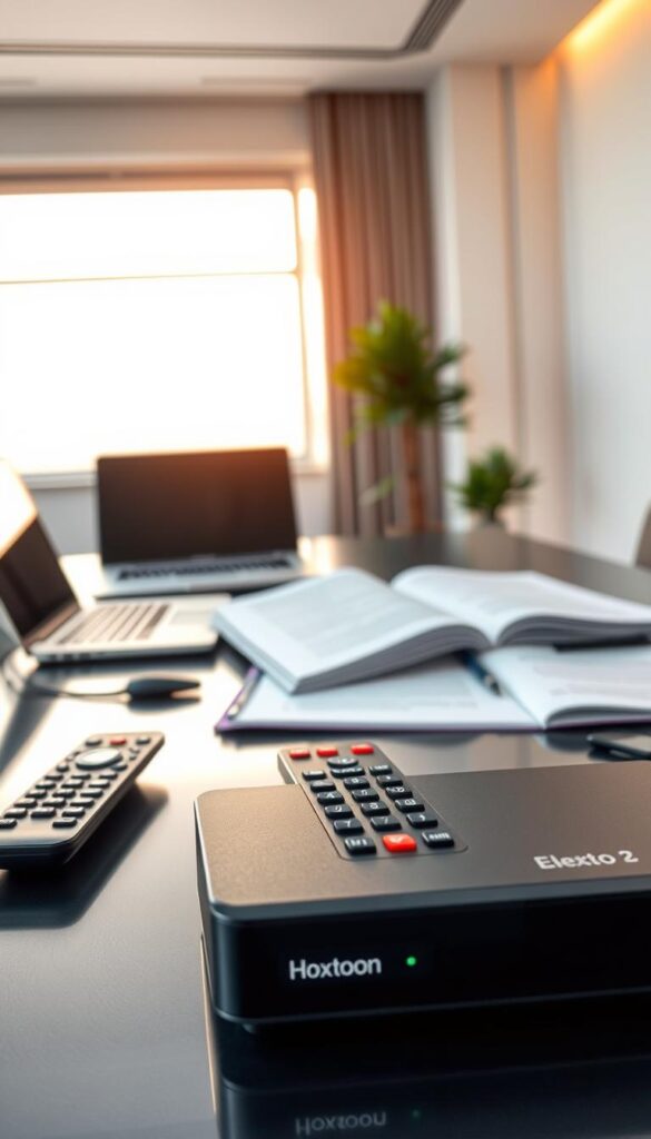 A well-lit and focused image of IPTV regulations, displayed on a sleek, modern office desk. In the foreground, a Hoxtoon Provider IPTV set-top box and remote control, conveying the legal considerations around using such services. The middle ground features several open legal documents and a laptop, hinting at the research and analysis required. The background showcases a minimalist, professional office setting with floor-to-ceiling windows, casting a warm, natural light across the scene. The overall mood is one of careful consideration and compliance, supporting the article's focus on the legal aspects of IPTV usage.