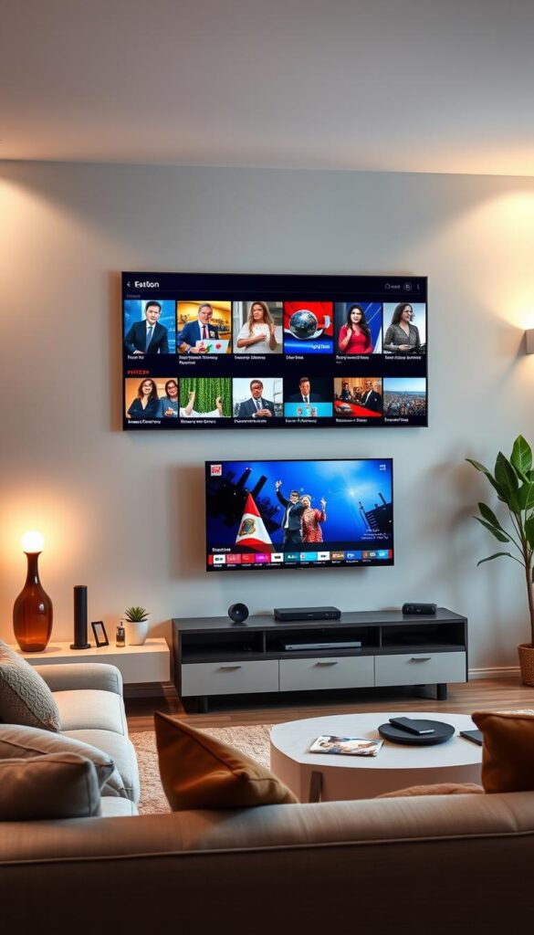 A well-lit and modern living room interior, with a large flat-screen TV mounted on the wall. On the TV screen, various European news channels and entertainment programs are displayed, showcasing the diverse content available through the Hoxtoon Provider's extensive VOD library. The room is decorated with minimalist furniture, warm lighting, and subtle European-inspired accents, creating a cozy and inviting atmosphere for enjoying a wide range of European media. The scene conveys the ease and convenience of accessing a vast selection of European TV channels and content from the comfort of one's own home.