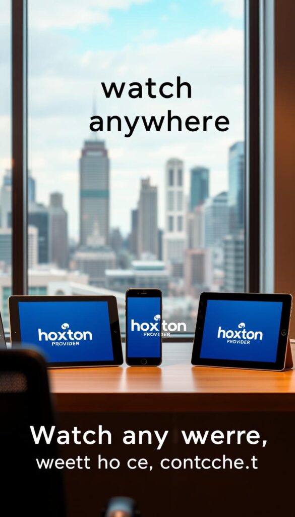 A well-lit and modern office scene with a desktop computer, smartphone, and tablet prominently displayed. The Hoxtoon Provider logo is visible on the devices, showcasing their multi-device compatibility. In the background, a large window overlooking a bustling city skyline, conveying the idea of "watch anywhere". The scene is crisp, clean, and professional, with warm lighting and a subtle depth of field effect, creating a sense of focus on the featured devices. The overall mood is one of productivity, convenience, and the freedom to access content without the constraints of a contract.