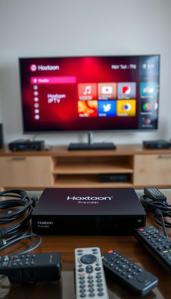 A well-lit and neatly organized home entertainment setup, featuring a sleek black set-top box with the "Hoxtoon Provider" logo prominently displayed. The box is surrounded by various cables, remotes, and other peripherals, arranged in a visually appealing manner. In the background, a large, high-definition television screen displays a vibrant, colorful interface, showcasing the intuitive Hoxtoon IPTV user experience. The scene conveys a sense of technological sophistication and user-friendliness, inviting the viewer to imagine the seamless setup and enjoyment of a comprehensive IPTV service.