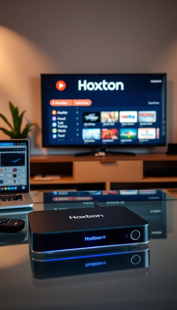 A well-lit and neatly organized home office setup, featuring a laptop, remote control, and a sleek, modern IPTV streaming device labeled "Hoxtoon Provider" on a glass-topped desk. The background showcases a large wall-mounted TV displaying the Hoxtoon interface, with a clean and intuitive menu system. Soft, indirect lighting creates a warm, inviting atmosphere, while the overall composition conveys a sense of efficiency and technological sophistication, perfectly suited for a lifetime IPTV service setup.