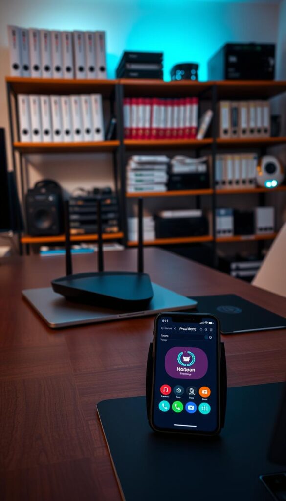 A well-lit and neatly organized home office setup. On the desk, a modern laptop, a sleek router, and a smartphone displaying the Hoxtoon Provider app interface. In the background, shelves filled with technical manuals and networking equipment, conveying a sense of expertise and professionalism. Subtle ambient lighting creates a calming, productive atmosphere. The scene evokes a reliable, secure, and user-friendly IPTV service setup, ready to be enjoyed.