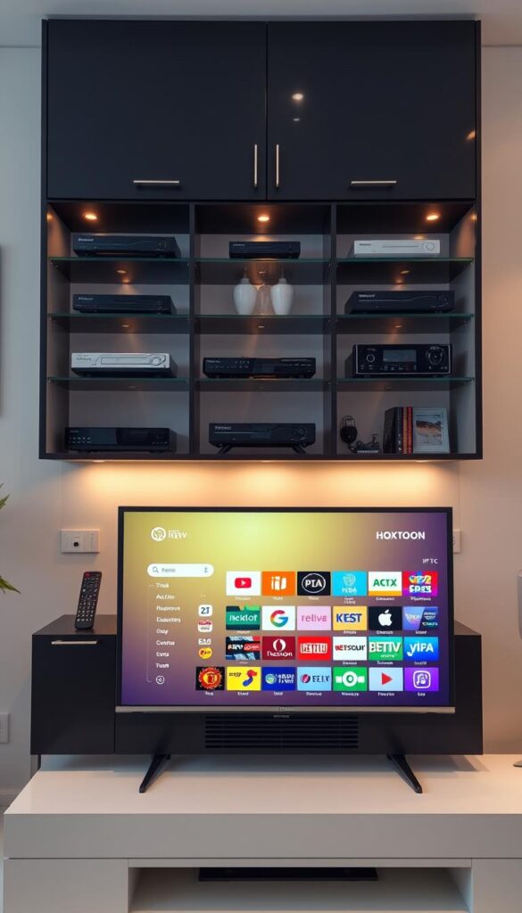 A well-lit and neatly organized media center displaying a diverse array of IPTV channels for expats. Sleek black cabinets house various streaming devices, remote controls, and other accessories. In the foreground, a high-resolution TV screen showcases the Hoxtoon Provider interface, featuring a vibrant and intuitive channel selection. The background features a clean, minimalist office or home environment, with subtle decorative elements that create a sense of comfort and familiarity. Warm lighting and a balanced composition convey a professional, yet welcoming atmosphere, ideal for expats seeking a comprehensive IPTV solution to stay connected with their home country.
