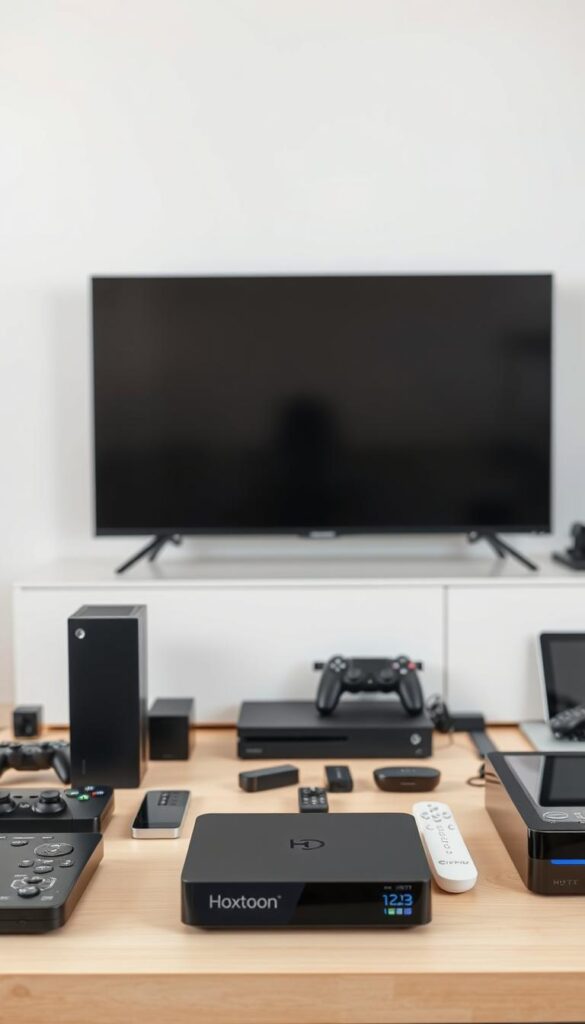 A well-lit and neatly organized workspace showcasing a variety of IPTV compatible devices. In the foreground, a Hoxtoon Provider set-top box and a sleek smart TV stand out, their modern designs complementing the minimalist aesthetic. In the middle ground, a selection of streaming dongles, gaming consoles, and tablets are arranged, each capable of delivering an optimal IPTV experience. The background features a clean, neutral-toned wall, allowing the devices to take center stage. The overall scene conveys a sense of technological sophistication and efficiency, hinting at the seamless integration of IPTV into a modern, connected home.