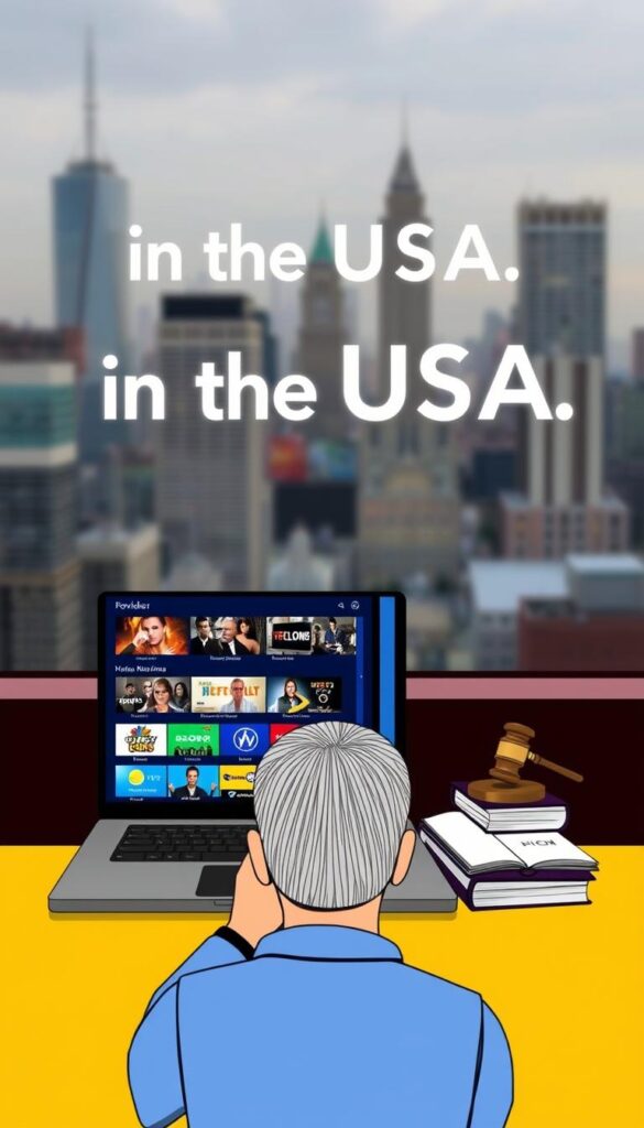A well-lit and thoughtfully composed illustration of the legal status of IPTV in the USA. In the foreground, a laptop screen displays the Hoxtoon Provider interface, showcasing various streaming channels. In the middle ground, a person contemplates the legal implications, with books and documents related to US media regulations visible. The background features a blurred cityscape, representing the broader legal and regulatory environment. The overall mood is one of careful consideration, with a focus on understanding the nuances of IPTV legality in America.
