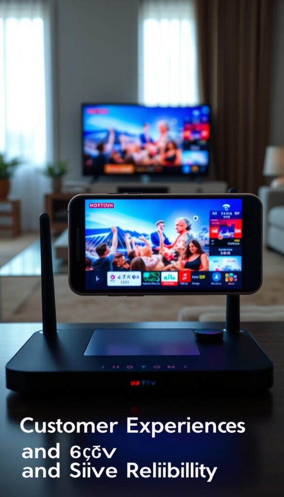 A well-lit and visually appealing scene depicting a reliable IPTV subscription service from Hoxtoon Provider. In the foreground, a smartphone or tablet displays a seamless, high-quality live TV stream with a clear, vibrant picture. The middle ground showcases a sleek, modern router or set-top box, symbolizing the stable and consistent internet connectivity required for a reliable IPTV experience. The background features a cozy, inviting living room setting, conveying the comfortable and hassle-free nature of the Hoxtoon Provider service. The overall mood is one of trust, quality, and customer satisfaction, reflecting the section title "Customer Experiences and Service Reliability".