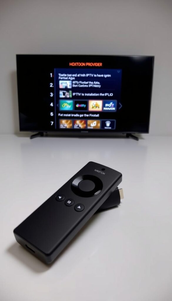 A well-lit, close-up view of a Firestick device with a step-by-step guide on the screen, displayed against a clean, minimalist background. The guide showcases the installation process for an IPTV app, with clear and intuitive visuals. The Hoxtoon Provider logo is prominently featured, indicating the IPTV service being used. The overall scene conveys a sense of simplicity and ease-of-use, reflecting the user-friendly nature of the installation process.