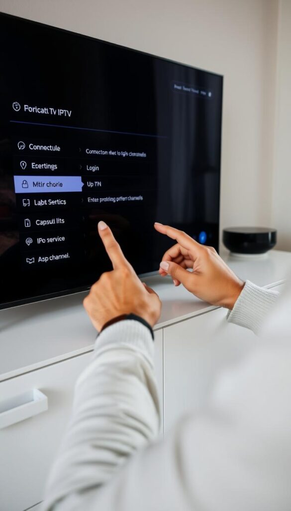 A well-lit, close-up view of a person's hands setting up a Hoxtoon Provider IPTV service on a modern smart TV. The hands are navigating through on-screen menus and settings, with a focus on the process of connecting the IPTV service, entering login credentials, and selecting preferred channels. The scene has a clean, minimalist background, allowing the setup process to be the central focus. The lighting is soft and natural, creating a calm, informative atmosphere. The camera angle is positioned slightly above, giving a clear, unobstructed view of the setup steps. The overall impression should be one of a straightforward, user-friendly IPTV installation experience.