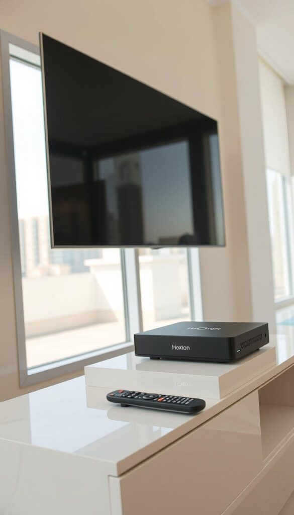 A well-lit, contemporary IPTV setup in Dubai, showcasing a flat-screen TV mounted on the wall, a sleek media box labeled "Hoxtoon Provider" resting on a modern entertainment center, and a wireless remote control. The room has large windows allowing natural light to flood in, creating a bright and airy atmosphere. The arrangement suggests an effortless, high-tech home entertainment experience tailored for Dubai's cosmopolitan lifestyle.