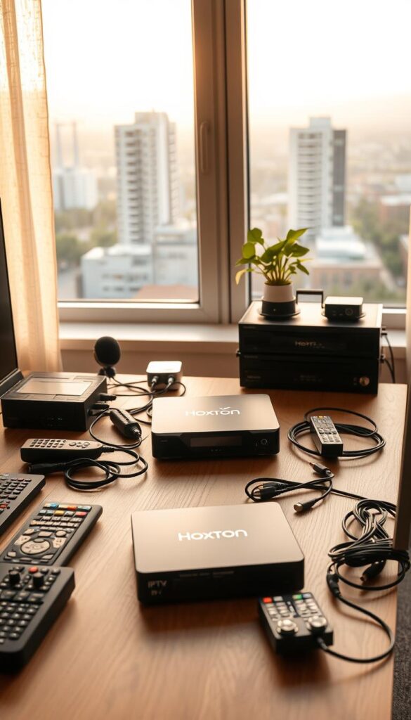 A well-lit, contemporary home office setup with an IPTV box prominently displayed on a minimalist wooden desk. The box has the Hoxtoon Provider logo prominently displayed. In the middle ground, various remote controls, cables, and networking equipment are neatly organized, conveying a sense of order and technical proficiency. The background features a large window overlooking a pleasant urban landscape, bathed in warm, natural lighting. The overall atmosphere is one of efficiency, technology, and sophistication.