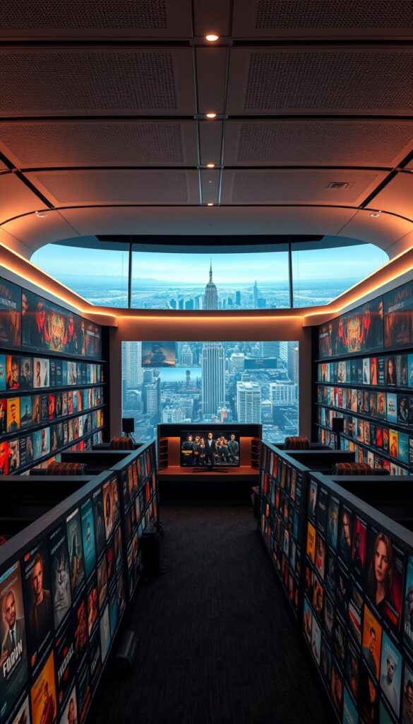 A well-lit, expansive entertainment hub showcasing Hoxtoon Provider's vast VOD collection. In the foreground, rows of high-definition movie posters and TV show covers beckon, their vibrant colors and captivating imagery drawing the viewer in. The middle ground features a sleek, modern interface with intuitive navigation, allowing seamless exploration of over 150,000 on-demand titles. In the background, a panoramic vista of a futuristic cityscape sets the scene, hinting at the endless entertainment possibilities within Hoxtoon's digital ecosystem. Subtle ambient lighting casts a warm, inviting glow, creating a premium, cinematic atmosphere. The overall composition conveys a sense of discovery, immersion, and the thrill of unlimited entertainment at one's fingertips.