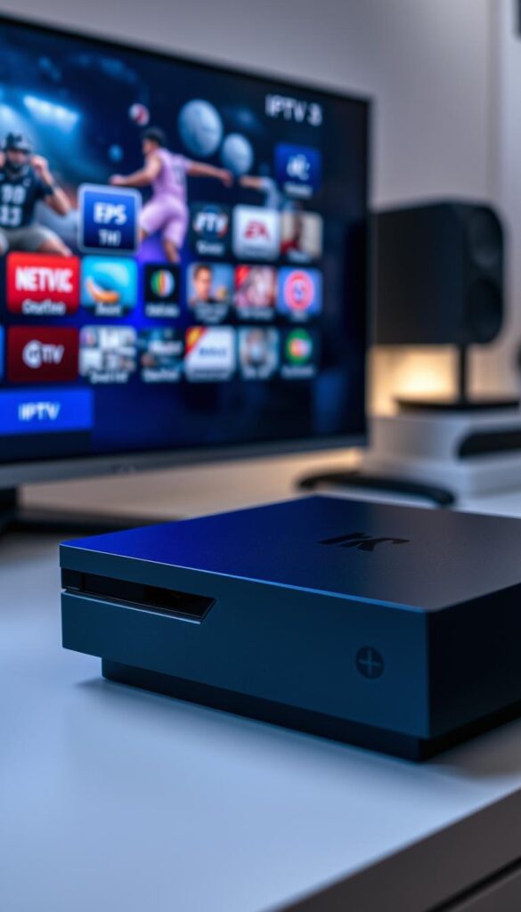 A well-lit gaming setup with a large 4K TV display, a modern gaming console prominently placed, and a Hoxtoon Provider IPTV box seamlessly integrated. The console's sleek, angular design contrasts with the curved edges of the TV, creating a harmonious, tech-forward aesthetic. Soft, diffused lighting illuminates the scene, highlighting the console's glossy finish and the IPTV box's subtle branding. The background blurs slightly, drawing the viewer's attention to the central focus: the gaming console serving as an IPTV streaming device, showcasing the versatility and performance of this setup.