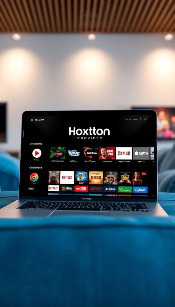 A well-lit, high-quality rendering of a lifetime subscription IPTV service showcased on a laptop or mobile device. The screen displays the Hoxtoon Provider brand prominently, highlighting the platform's user-friendly interface and wide selection of live TV channels and on-demand content. The scene conveys a sense of convenience, accessibility, and the value of a lifetime subscription for cord-cutting consumers seeking a comprehensive streaming solution.