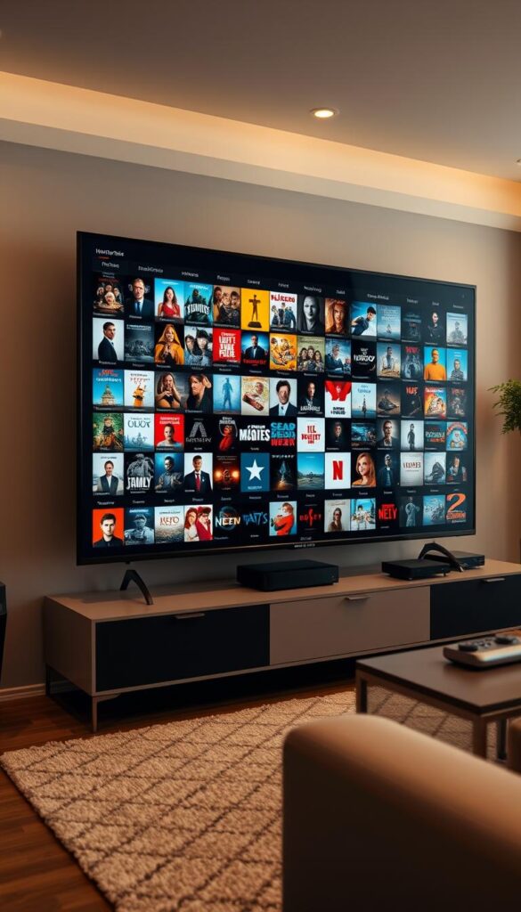 A well-lit, high-quality showcase of Hoxtoon Provider's extensive video-on-demand (VOD) collection. In the foreground, a large, sleek, modern TV displays a diverse array of movie and TV show thumbnails, neatly organized and presented. The middle ground features a stylish, minimalist media cabinet or entertainment center, housing various streaming devices and components. In the background, a warm, inviting living room setting with neutral-toned furnishings and subtle accent lighting creates a cozy, cinematic atmosphere. The overall composition emphasizes the breadth and quality of Hoxtoon's VOD offerings, captured through a professional, visually striking photograph.