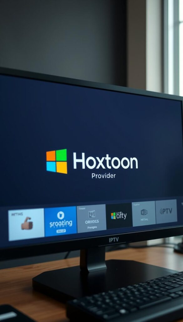A well-lit, high-resolution desktop computer screen showcasing a modern IPTV interface on a Windows operating system. The screen displays the Hoxtoon Provider logo prominently, surrounded by a sleek, minimalist user interface with intuitive navigation menus, program guides, and streaming content. The scene is captured from a slightly elevated angle, creating a sense of professionalism and attention to detail. The overall atmosphere conveys a seamless, user-friendly IPTV experience tailored for the Windows platform.