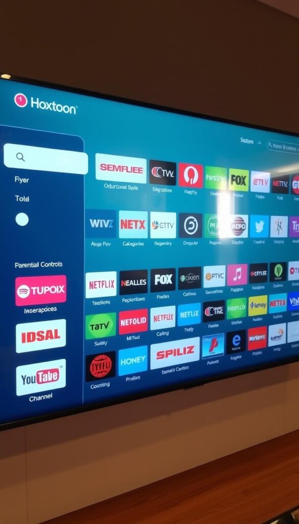 A well-lit, high-resolution digital display showcasing a diverse array of IPTV channels offered by the Hoxtoon Provider. The screen features a clean, intuitive interface with crisp, vibrant channel logos and descriptions. The layout is organized and easy to navigate, with a focus on essential features like channel categories, on-demand content, and parental controls. The overall impression is one of a robust, reliable IPTV service that caters to a wide range of user preferences and needs.