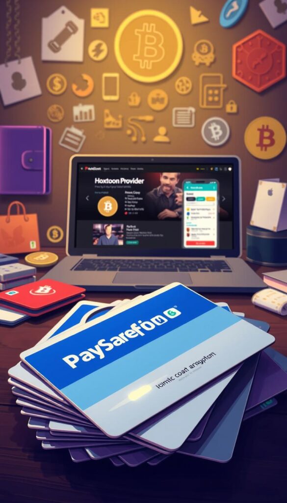 A well-lit, high-resolution digital illustration showcasing various anonymous payment methods for IPTV services. In the foreground, a stack of PaySafeCard vouchers, their distinctive designs and security features prominently displayed. In the middle ground, a laptop screen showing the website of the Hoxtoon Provider IPTV service, with discreet payment options. In the background, a series of digital wallets, cryptocurrency transactions, and other untraceable payment methods, conveying a sense of privacy and security. The overall mood is one of discretion and professionalism, catering to the needs of savvy IPTV subscribers.