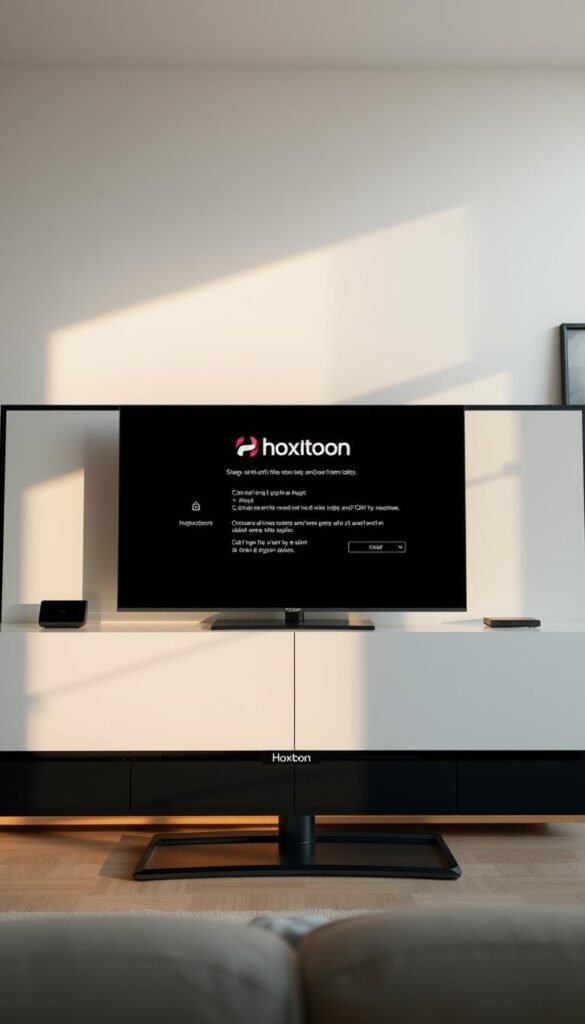 A well-lit, high-resolution image of a modern smart TV displaying the setup screen for the Hoxtoon IPTV provider. The TV is positioned in the foreground, with a clean, minimalist living room environment in the background. The setup screen prominently features the Hoxtoon logo, clear instructions, and intuitive user interface elements. The lighting is natural and diffused, creating a warm, inviting atmosphere. The camera angle is slightly elevated, providing a clear, unobstructed view of the TV and setup process. The overall impression is one of a seamless, user-friendly IPTV integration experience.