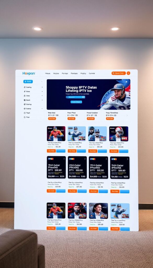 A well-lit, high-resolution photograph of a modern e-commerce website interface showcasing the "Shoppy IPTV Lifetime Deals" product offerings. The website layout is clean and visually appealing, with a prominent hero section featuring the "Hoxtoon Provider" brand logo. The middle ground displays a grid of various IPTV service packages, each with detailed pricing and feature information. The background subtly suggests a professional, trustworthy atmosphere, with muted tones and minimalist design elements. The overall mood conveys a sense of reliability and value for the "Shoppy IPTV Lifetime Deals" proposition.
