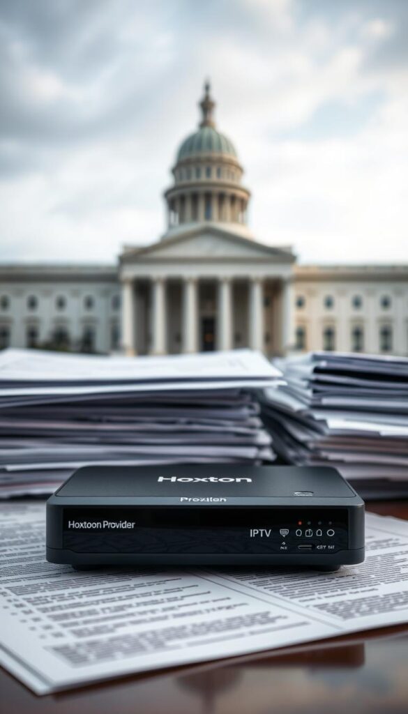 A well-lit, high-resolution photograph of an IPTV box against a background of legal documents and regulatory paperwork. The box is prominently displayed, with its brand name "Hoxtoon Provider" clearly visible. The foreground showcases the technical specifications and features of the IPTV device, while the middle ground features a stack of papers and folders representing the legal landscape of IPTV services in the United States. The background subtly depicts the regulatory environment, with a blurred courthouse or government building in the distance, conveying a sense of the legal complexity surrounding IPTV technology.