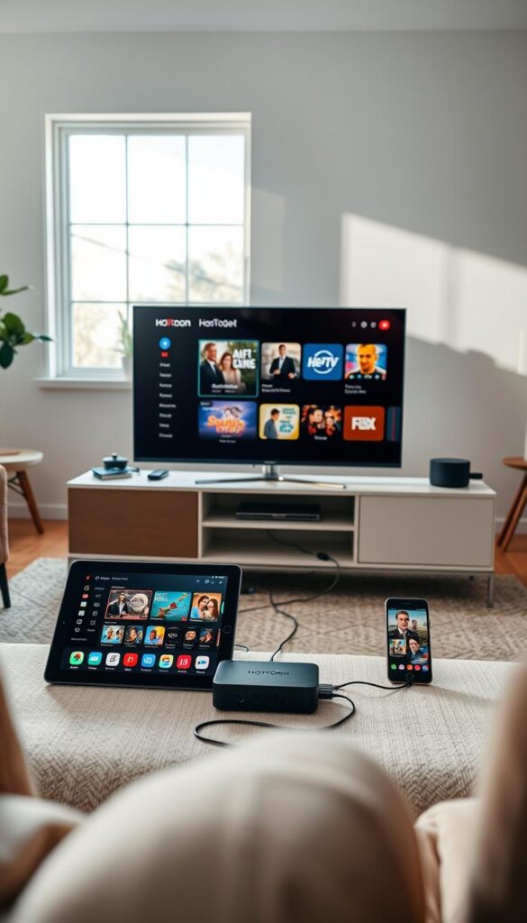 A well-lit, high-resolution scene showcasing the setup of Hoxtoon IPTV on multiple family devices. In the foreground, a sleek, modern TV displays the Hoxtoon interface, with various streaming apps and content visible. Beside it, a tablet and a smartphone are also connected to the Hoxtoon service, showcasing the multi-device compatibility. In the middle ground, a stylish entertainment center houses the Hoxtoon Provider set-top box, connected to the TV and the home network via clean, organized cables. The background features a cozy, minimalist living room setting, with natural lighting streaming in through large windows, creating a warm and inviting atmosphere. The overall scene conveys the ease and convenience of setting up Hoxtoon IPTV across multiple devices within a family home.