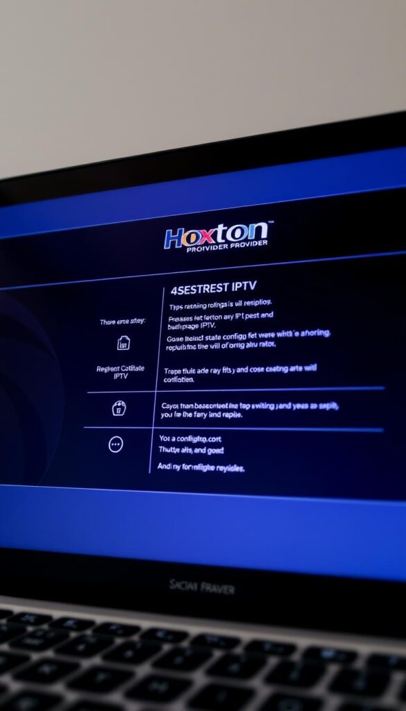 A well-lit, high-resolution screenshot of a laptop display showing the Hoxtoon Provider IPTV setup guide. The guide prominently features the Hoxtoon Provider logo and branding, with clear step-by-step instructions, icons, and visual cues to assist the user in configuring their IPTV service. The scene is shot from a slightly elevated angle, capturing the entire laptop screen in focus, with a clean, minimalist background that allows the guide to be the central point of attention.