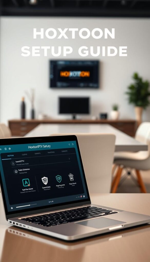 A well-lit, high-resolution setup guide for the Hoxtoon IPTV provider, showcasing a laptop display with a step-by-step walkthrough. The foreground features a close-up of the laptop screen, with clear icons and UI elements guiding the user through the Hoxtoon setup process. The middle ground shows the laptop in a minimalist, modern office setting, with a clean, uncluttered desk and stylish accessories. The background is a softly blurred, neutral-toned environment, allowing the setup guide to be the focal point. The overall mood is informative, sleek, and professional, reflecting the reliable and user-friendly nature of the Hoxtoon IPTV service.