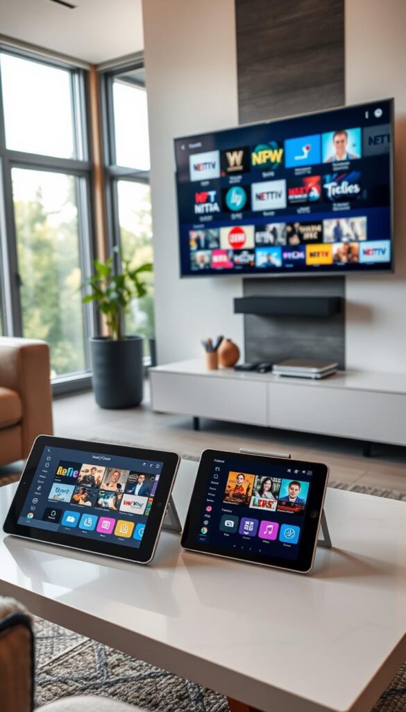 A well-lit living room scene with multiple devices displaying the "Hoxtoon Provider" IPTV service. In the foreground, a modern flat-screen TV mounted on the wall, its screen showcasing a diverse array of live TV channels. On a sleek coffee table, a tablet and a smartphone are also streaming the "Hoxtoon Provider" interface, demonstrating the multi-device support. The middle ground features comfortable seating, creating a cozy and relaxed atmosphere. In the background, large windows allow natural light to flood the space, highlighting the seamless integration of technology into the home environment.