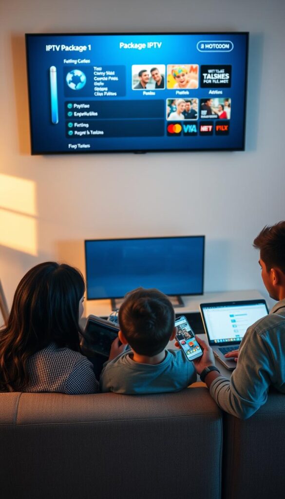 A well-lit, modern living room with a large, flat-screen TV mounted on the wall. On the TV screen, various IPTV package options are displayed, showcasing the Hoxtoon Provider's diverse content offerings. In the foreground, a family of four - a couple, a young child, and a teenager - are gathered on a comfortable couch, each using a different device, such as a tablet, smartphone, and laptop, to access the IPTV service. The room is bathed in warm, natural lighting, creating a cozy and inviting atmosphere. The overall scene conveys the convenience and multi-device support of the Hoxtoon Provider IPTV service for expats living abroad.