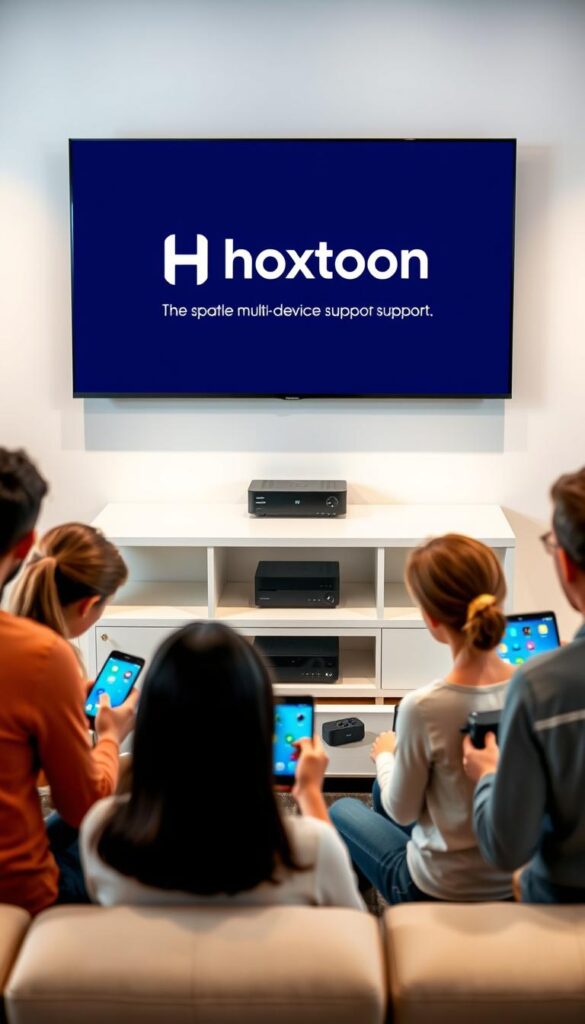 A well-lit, modern living room with a large flat-screen TV mounted on the wall. On the TV screen, the Hoxtoon Provider logo is prominently displayed, showcasing its seamless multi-device support. In the foreground, a group of people of various ages are seen interacting with different devices, such as smartphones, tablets, and laptops, all connected to the Hoxtoon service. The middle ground features a sleek, minimalist entertainment system, complete with a cable box and streaming devices. The background is softly blurred, creating a sense of depth and focus on the main subject. The overall scene conveys a sense of ease, connectivity, and the convenience of Hoxtoon's lifetime membership IPTV service.