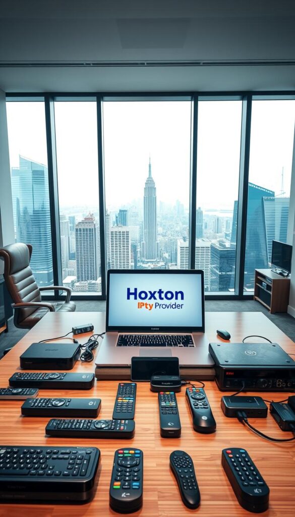 A well-lit, modern office interior with a large desk and comfortable chair. On the desk, a laptop displays the "Hoxtoon Provider" logo, showcasing IPTV-related data and analytics. In the foreground, various remote controls, streaming devices, and networking equipment are neatly arranged, representing the technical considerations for a lifetime IPTV subscription. The middle ground features a large window overlooking a bustling city skyline, symbolizing the global reach and accessibility of IPTV services. The overall atmosphere is professional, sleek, and conveys a sense of informed decision-making.