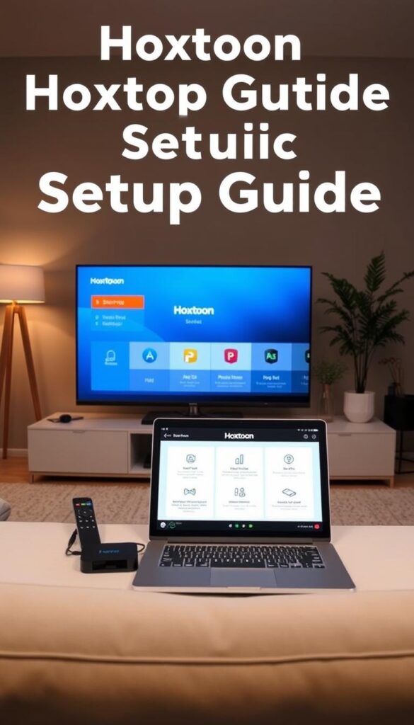 A well-lit, neatly arranged setup guide for the Hoxtoon Provider IPTV service. In the foreground, a modern, minimalist smart TV displays the Hoxtoon interface, flanked by a sleek streaming device and a wireless remote control. In the middle ground, a laptop or tablet showcases step-by-step instructions, with clean typography and intuitive graphics. The background features a stylish, on-trend living room setting, with warm lighting and natural decor elements that create a cozy, inviting atmosphere. The overall composition conveys a sense of simplicity, accessibility, and technological sophistication, perfectly suited for a beginner's IPTV setup guide.