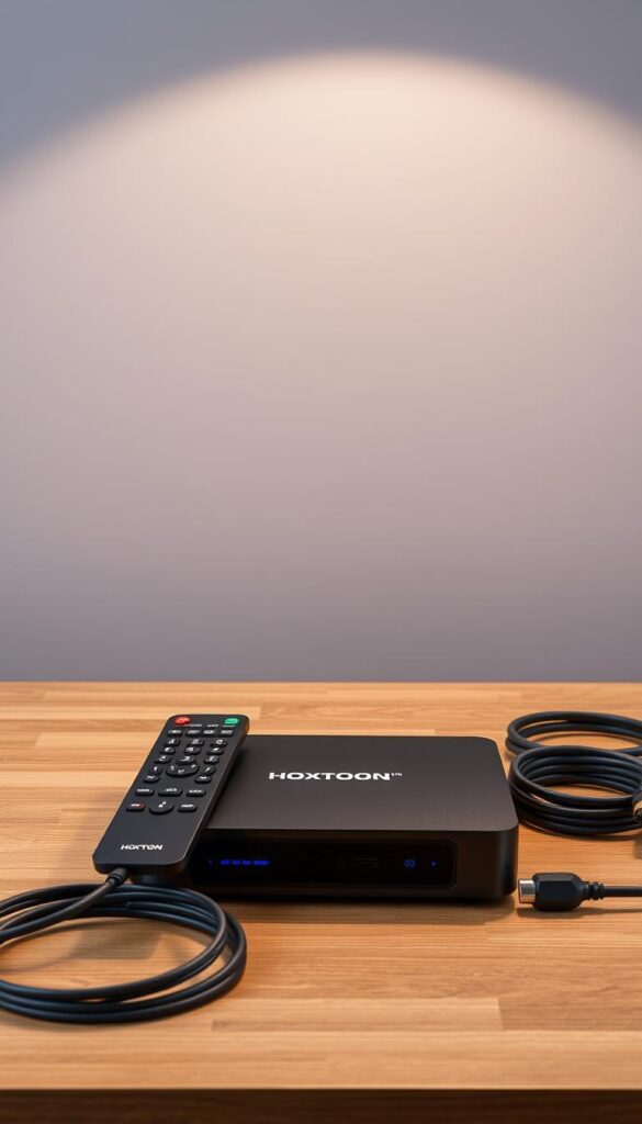 A well-lit, neatly arranged setup showcasing a sleek, modern HOXTOON Provider IPTV box prominently placed on a wooden table. The box is flanked by a high-quality remote control and neatly coiled cables, conveying a sense of order and functionality. The background features a minimalist, gray-toned wall, creating a clean and professional atmosphere. Soft, diffused lighting from above casts a warm glow, highlighting the details of the equipment. The overall scene exudes a sense of simplicity, reliability, and user-friendliness, reflecting the "lifetime IPTV box for home use" subject.