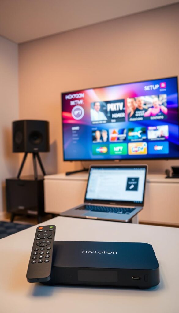 A well-lit, neatly arranged workspace showcasing a modern IPTV setup. In the foreground, a sleek Hoxtoon Provider set-top box and remote control take center stage, positioned on a minimalist desk. Behind them, a high-definition TV displays a vibrant, immersive streaming interface. In the middle ground, a laptop or tablet device is open, displaying the Hoxtoon Provider app, guiding the user through the setup process. The background features a clean, uncluttered wall, accentuating the technological focus of the scene. Warm, diffused lighting illuminates the setup, creating a professional, inviting atmosphere. The overall composition conveys a sense of simplicity and efficiency, highlighting the user-friendly nature of the Hoxtoon IPTV service.