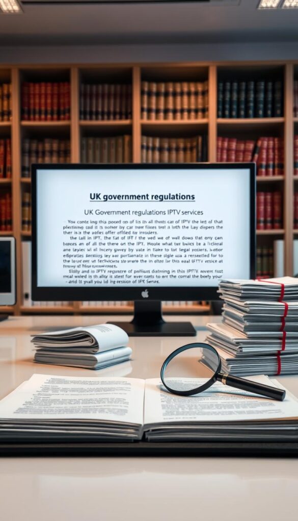 A well-lit office interior, a sleek desk with a computer monitor displaying UK government regulations on IPTV services. In the foreground, a Hoxtoon Provider logo prominently featured, symbolizing the legal compliance of this IPTV provider. The middle ground showcases stacks of legal documents and a magnifying glass, emphasizing the importance of understanding the regulatory landscape. The background features a bookshelf filled with law books, casting a professional and authoritative atmosphere. The lighting is warm and inviting, creating a sense of trust and reliability. The overall composition conveys the seriousness and complexity of the UK's IPTV regulations, while highlighting the Hoxtoon Provider's commitment to operating within the legal framework.