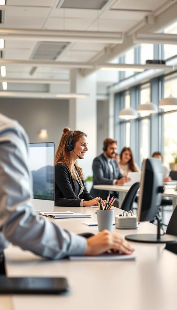 A well-lit office interior with a Hoxtoon Provider customer support desk in the foreground. The desk features a clean, minimalist design with a computer monitor, headset, and neatly arranged stationery. In the middle ground, several customer service representatives are engaged in friendly, attentive conversations with clients. The background showcases a modern, open-concept space with large windows, letting in natural light and creating a warm, inviting atmosphere. The overall scene conveys a sense of professionalism, efficiency, and a customer-centric approach to service.