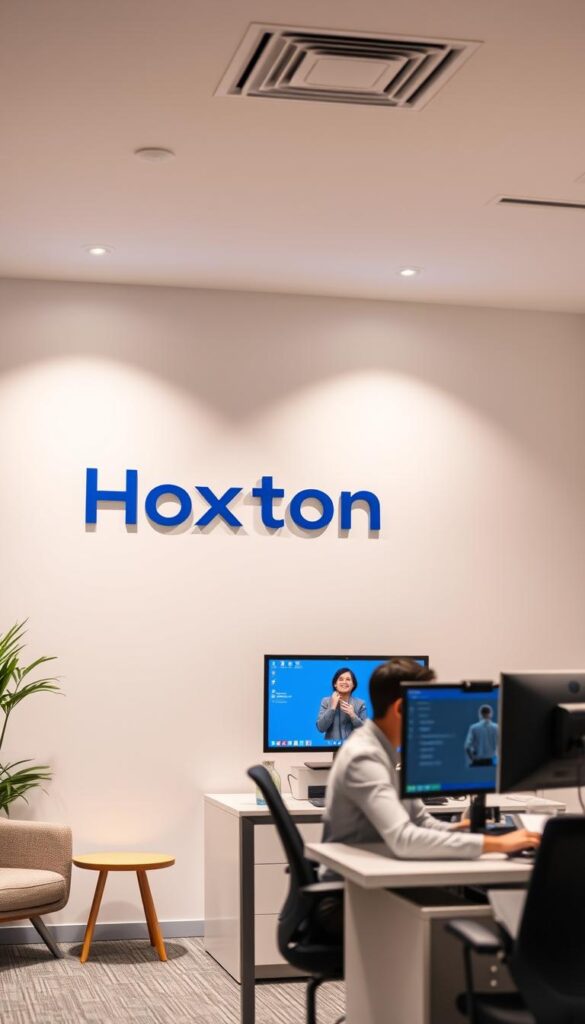 A well-lit office interior with a large "Hoxtoon Provider" logo prominently displayed on the wall. In the foreground, a customer service representative sits at a desk, providing assistance to a customer visible on a computer screen. The scene conveys a sense of professionalism and attentive customer care, with modern furnishings and a calming color palette. Soft directional lighting creates depth and highlights the key elements. The overall atmosphere is one of efficient, high-quality support for the Hoxtoon service.