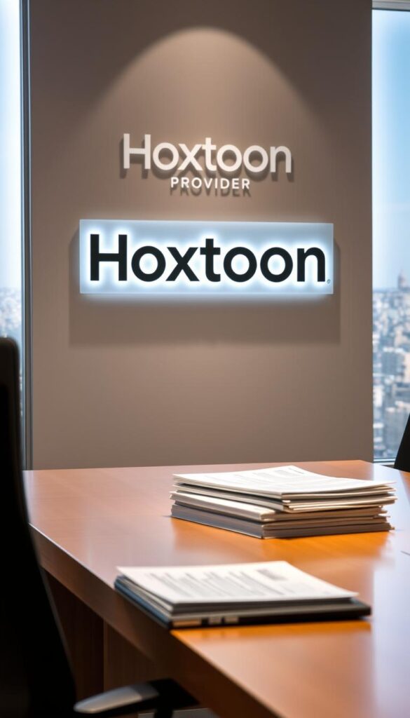 A well-lit office interior, with a large desk and a prominent "Hoxtoon Provider" logo on the wall. On the desk, stacks of legal documents and a laptop, conveying a sense of official government oversight and regulation. In the background, a window overlooking a bustling Spanish cityscape, hinting at the broader context of IPTV policies in the country. The lighting is crisp and professional, accentuating the formal atmosphere. The overall composition suggests a measured, thoughtful approach to IPTV regulation in Spain.