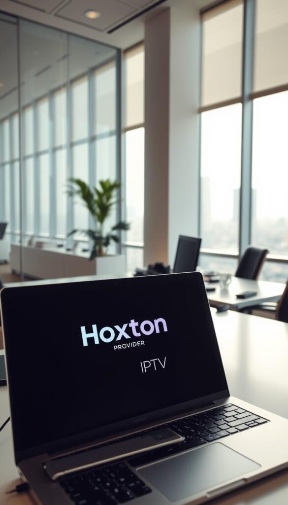 A well-lit office interior with a modern, minimalist aesthetic. In the foreground, a laptop displays the Hoxtoon Provider logo, representing a reliable IPTV service. The middle ground features a clean desk with a phone, remote control, and other neatly organized office supplies, conveying a sense of professionalism and attention to detail. The background showcases large windows overlooking a cityscape, flooding the space with natural light and a calming, sophisticated atmosphere. The overall scene exudes a sense of trustworthiness and dependability, suitable for showcasing the legal and best practice considerations of IPTV usage.