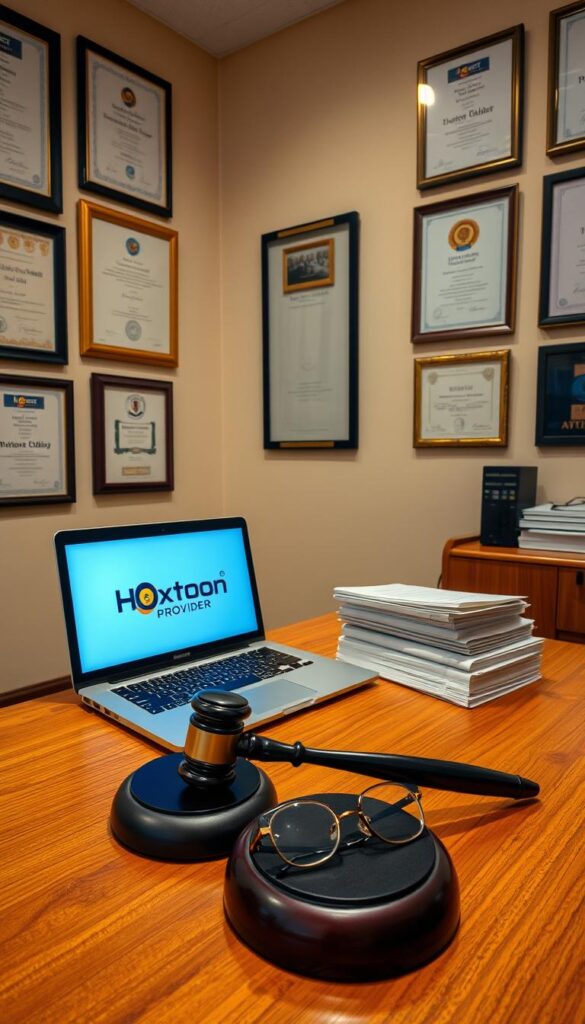A well-lit office interior with a wooden desk, a laptop displaying the Hoxtoon Provider logo, and stacks of legal documents neatly arranged. On the desk, a gavel and a pair of reading glasses symbolize the legal aspects of IPTV services. The walls are adorned with framed certificates and awards, conveying the credibility and trustworthiness of the service. The lighting is warm and inviting, creating a professional atmosphere. The camera angle is slightly elevated, giving a sense of authority and legitimacy to the scene.