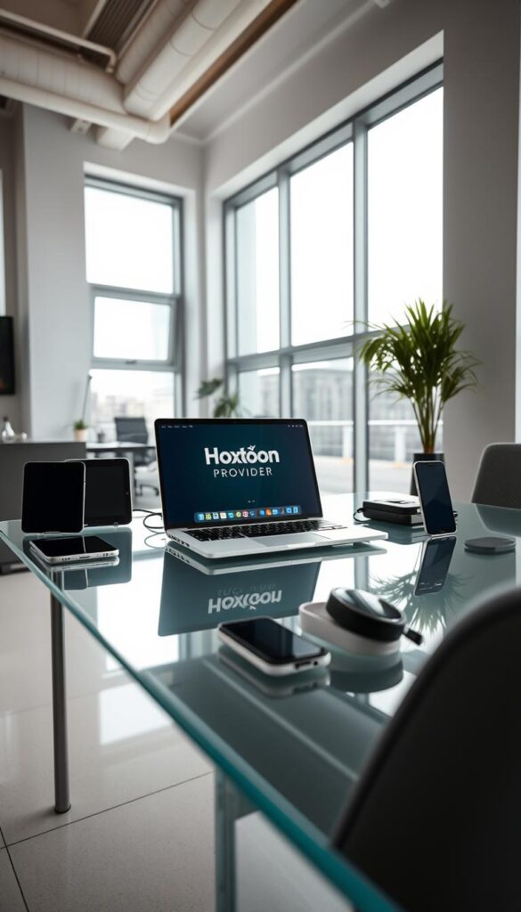A well-lit office scene with a Hoxtoon Provider-branded laptop prominently displayed on a sleek glass desk. The laptop is surrounded by various mobile devices - a tablet, a smartphone, and a smartwatch - all seamlessly connected and synced, showcasing the multi-device support and compatibility of the IPTV service. The room features modern, minimalist decor with large windows allowing natural light to flood the space, creating a bright and airy atmosphere. The overall scene conveys a sense of efficiency, connectivity, and the convenience of accessing IPTV content across multiple devices without the need for a VPN.