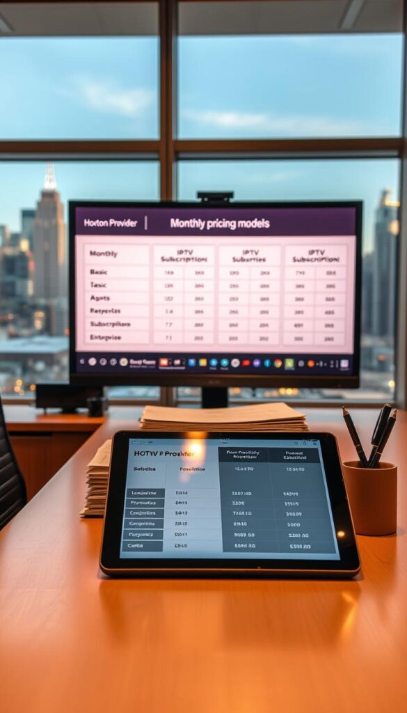 A well-lit office scene with a large desk showcasing various IPTV pricing models on a computer screen. In the foreground, a tablet display shows a comparison of the Hoxtoon Provider's monthly subscription plans, including basic, premium, and enterprise tiers. The middle ground features a neatly organized stack of documents and a pen holder, conveying a professional, analytical atmosphere. In the background, a large window overlooks a bustling city skyline, adding depth and a sense of context to the scene. The lighting is warm and inviting, creating a productive and informative mood.