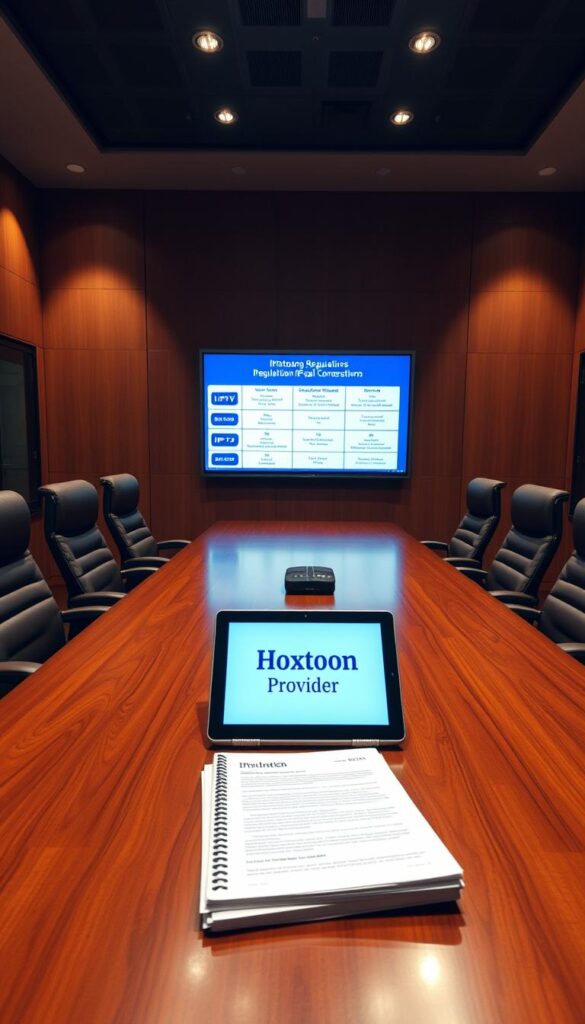 A well-lit office setting with a large, wooden conference table surrounded by executive chairs. On the table, a stack of legal documents and a laptop display showing the "Hoxtoon Provider" logo. In the background, a wall-mounted display showcases a diagram outlining IPTV regulations, with bullet points and icons highlighting key legal considerations. The lighting is warm and professional, creating a serious yet thoughtful atmosphere. The camera angle is slightly elevated, capturing the scene from an authoritative perspective.