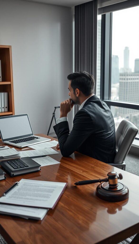 A well-lit office setting, with a professional-looking wooden desk, a laptop, and various legal documents neatly organized. In the foreground, a person in a suit is sitting at the desk, deep in thought, contemplating the implications of IPTV services. The middle ground features a large window, letting in natural light and showcasing the city skyline in the background. The mood is one of seriousness and contemplation, as the individual grapples with the legal considerations surrounding the "Hoxtoon Provider" IPTV service.